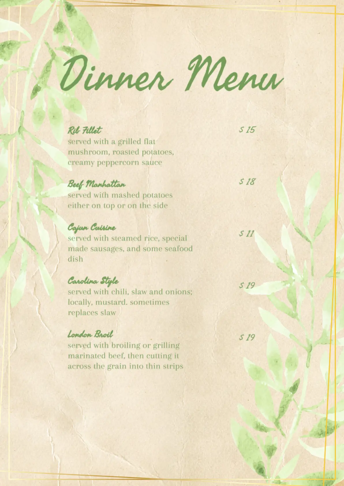 Menu Dinner Template
