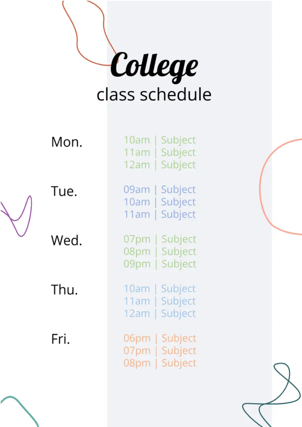 College Class Schedule Template