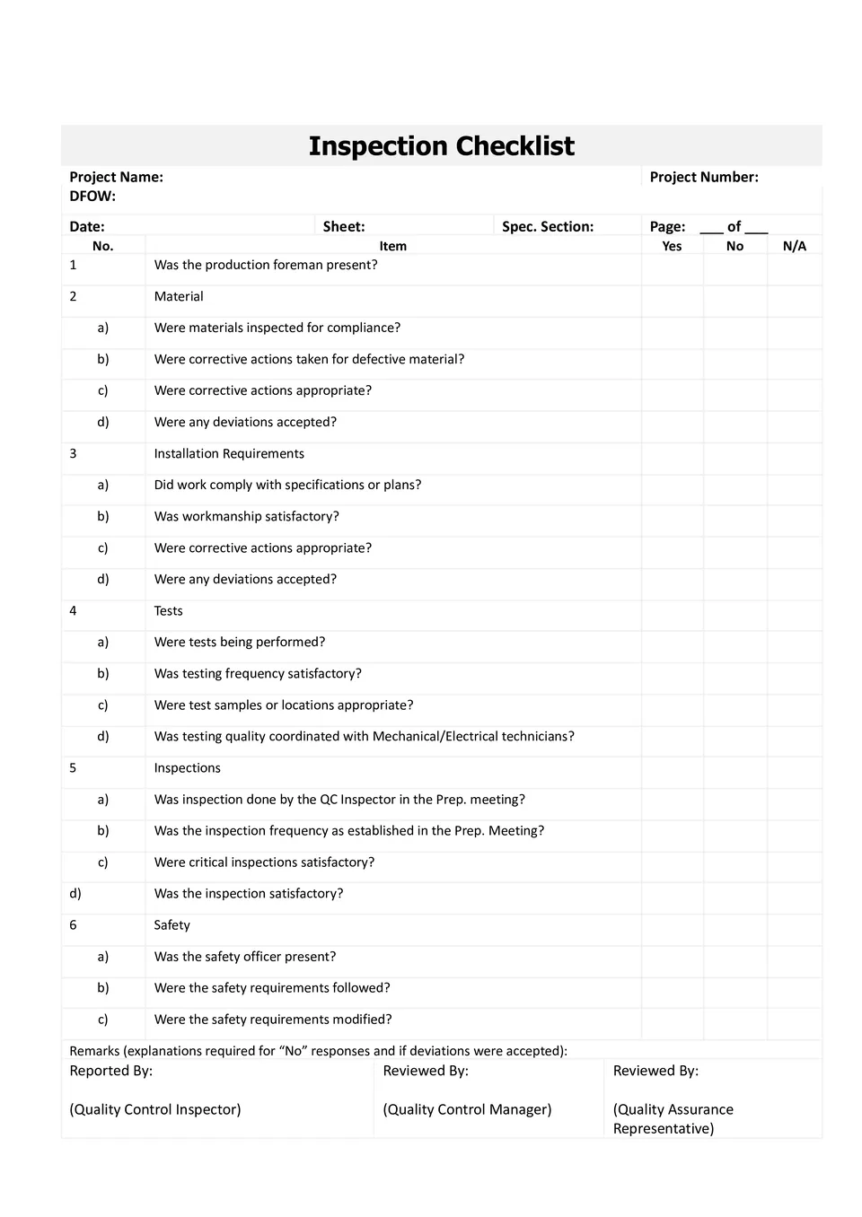 Inspection Checklist Template