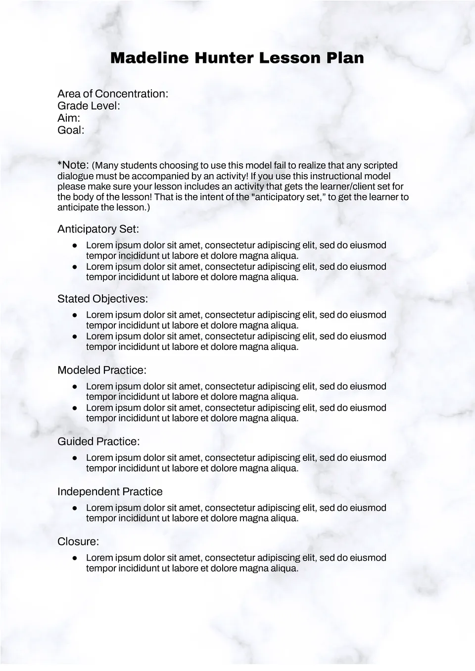 Madeline Hunter Lesson Plan Template