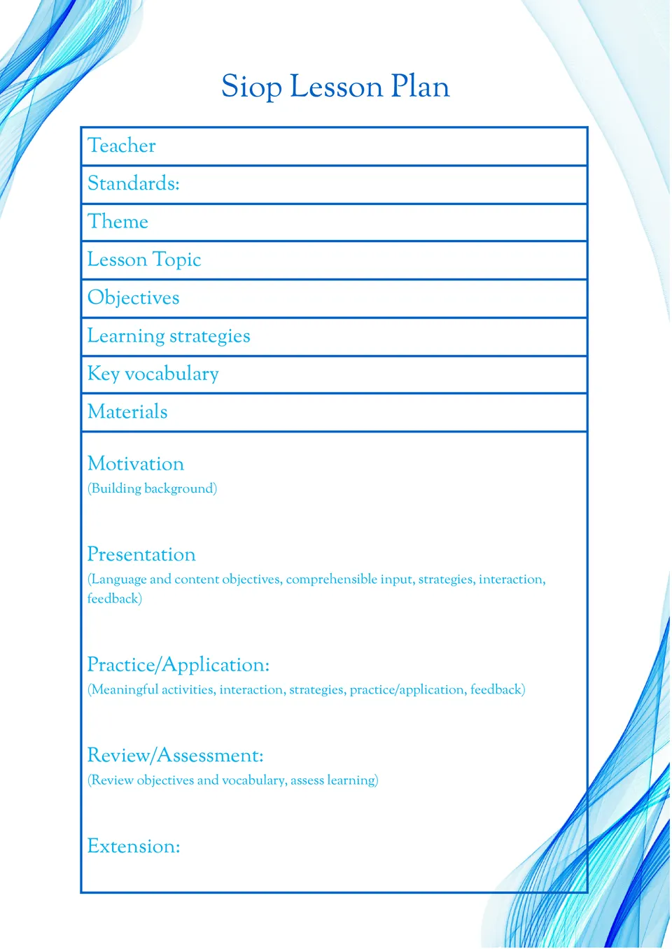 Siop Lesson Plan Template
