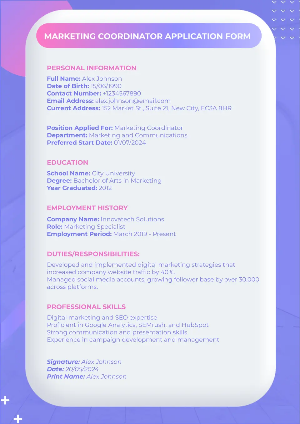 Work Application Template