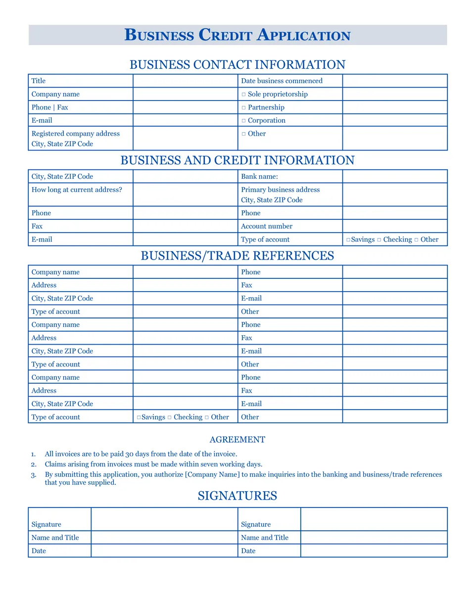 Business Credit Application Template