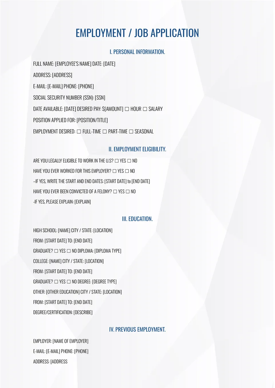 Application Employment Template
