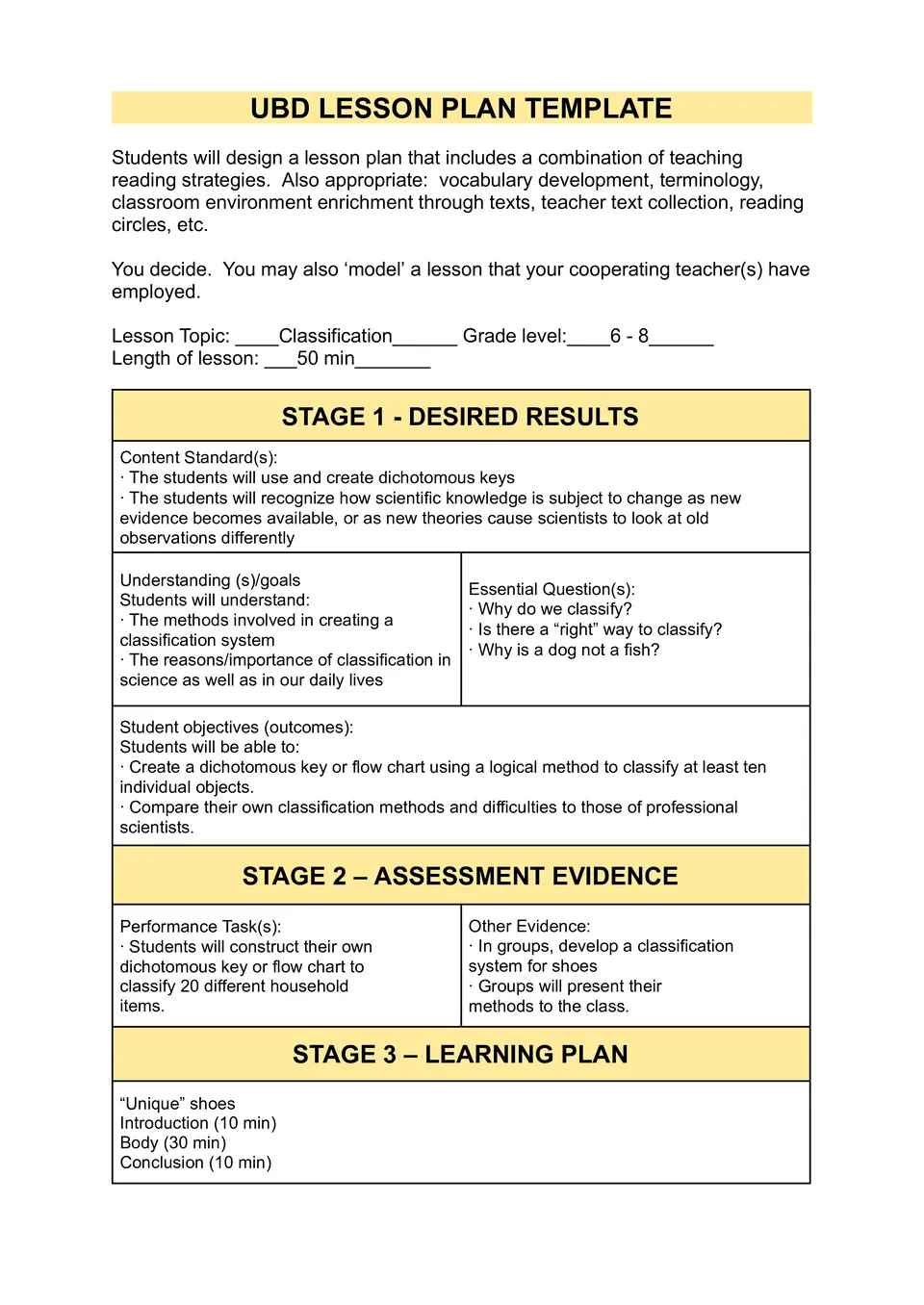 UbD Lesson Plan Template