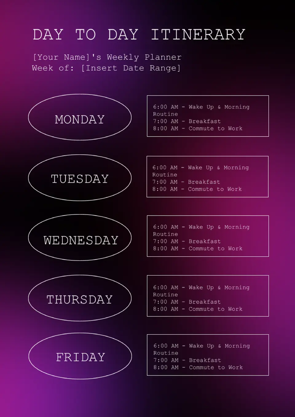 Day To Day Itinerary Template