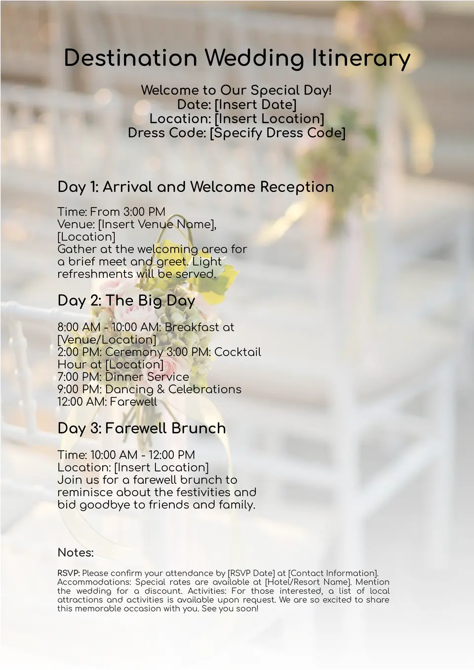 Destination Wedding Itinerary Template