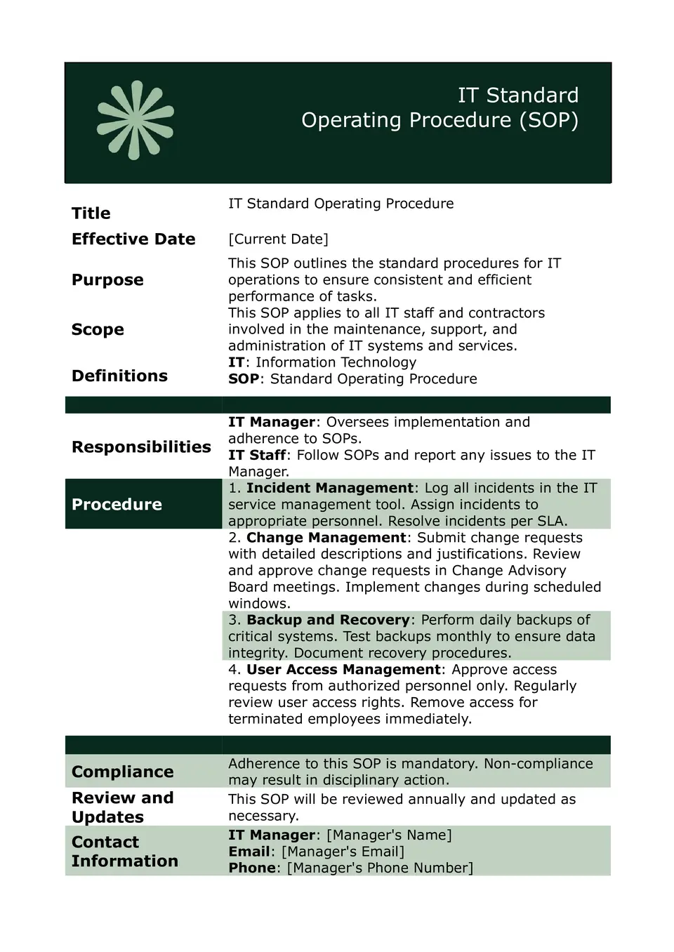 IT Standard Operating Procedure Template