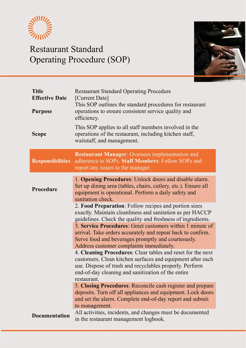 Restaurant Standard Operating Procedure Template