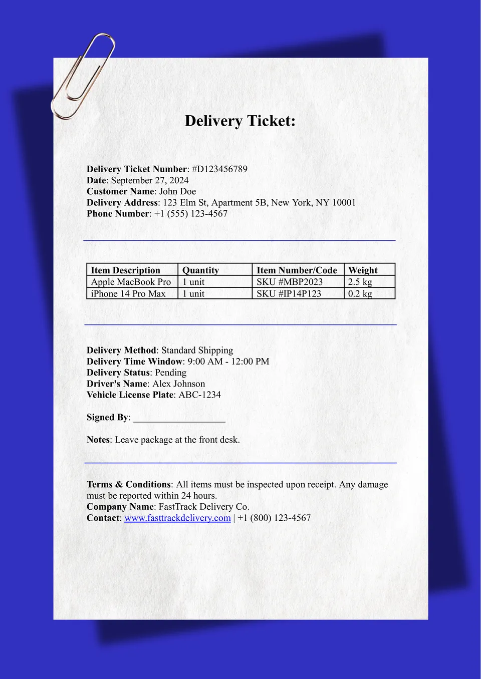 Delivery Ticket Template