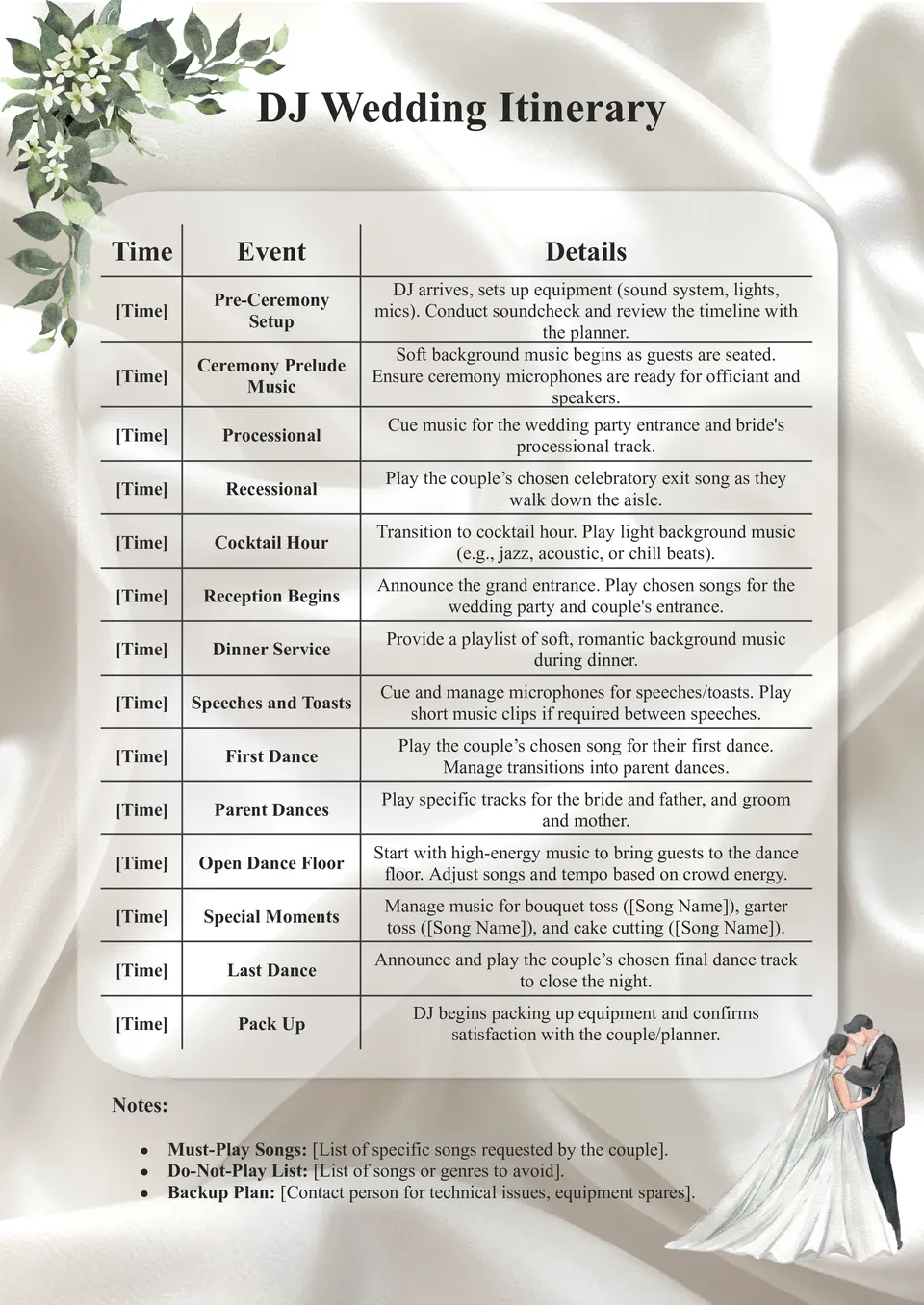 Dj Wedding Itinerary Template