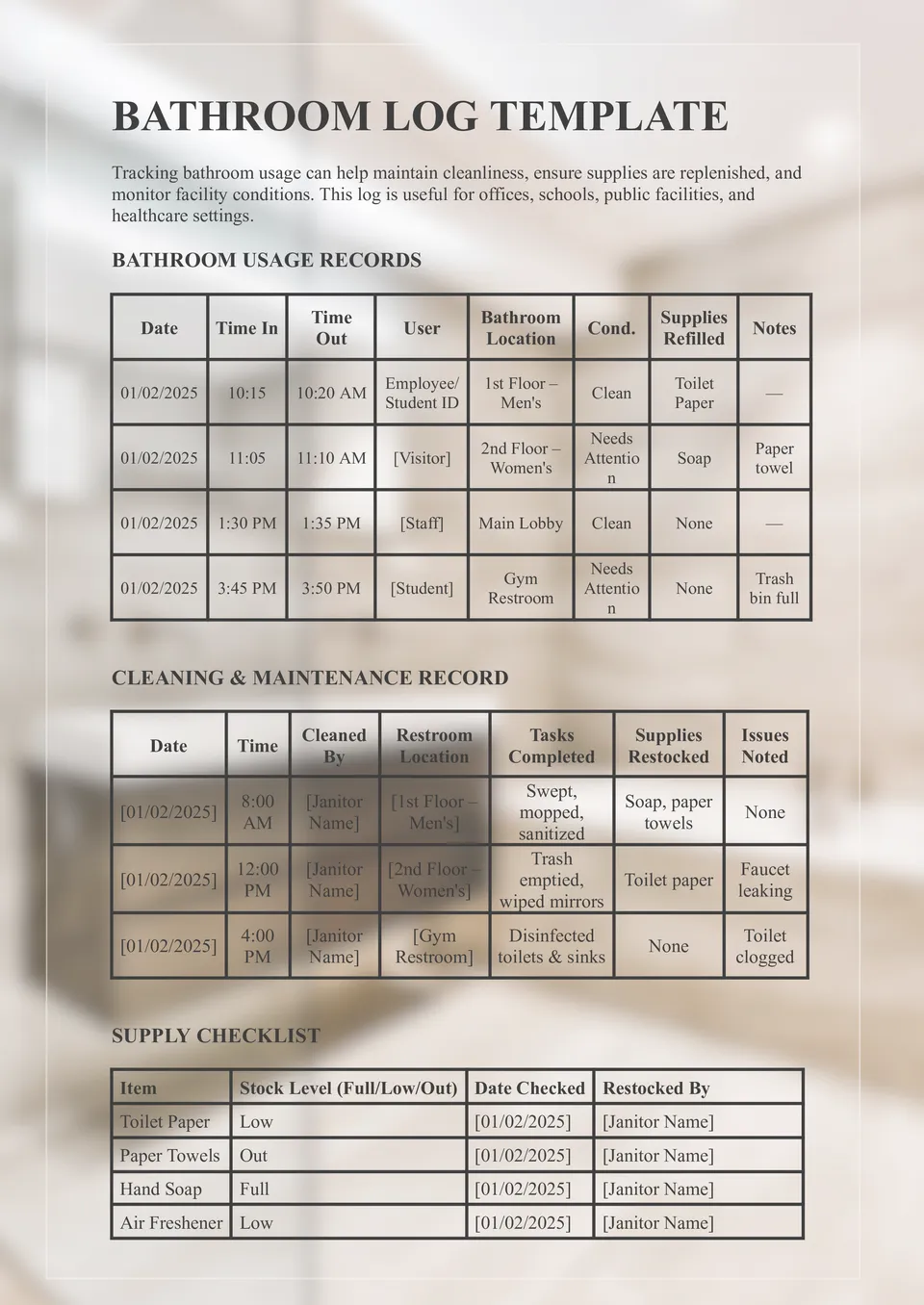 Bathroom Log Template