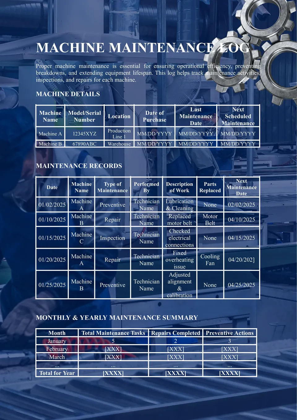 Machine Maintenance Log Template