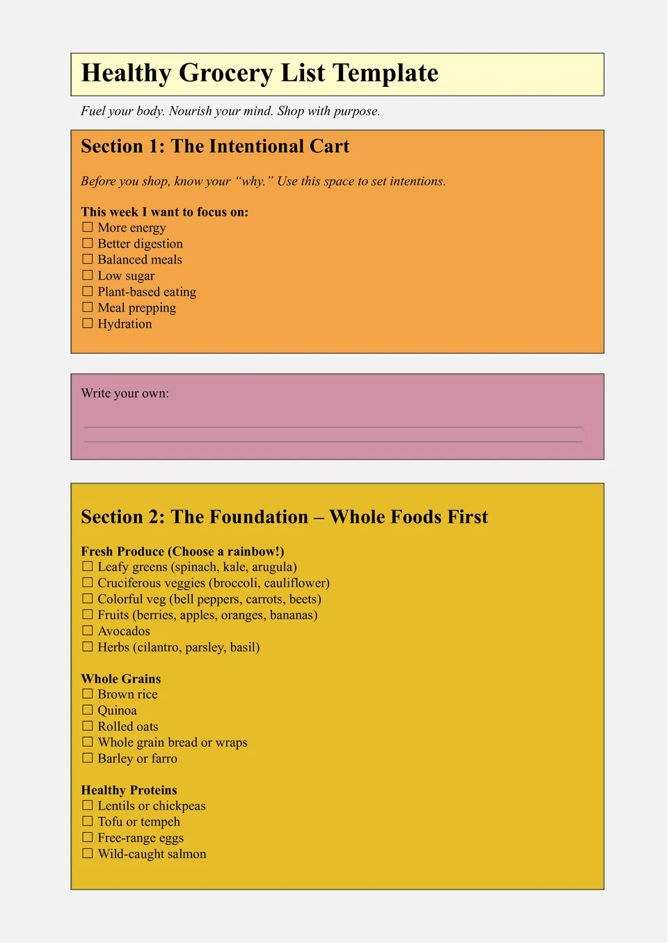 Healthy Grocery List Template