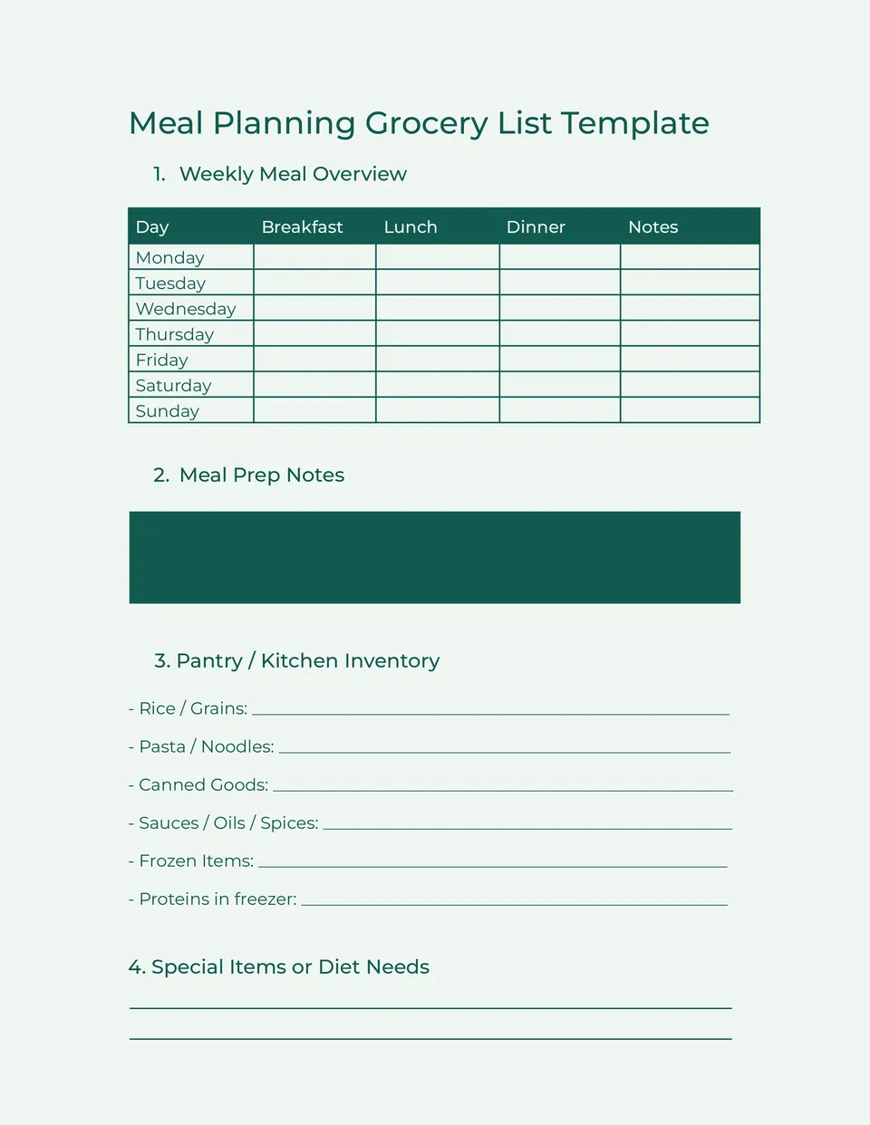 Meal Planning Grocery List Template