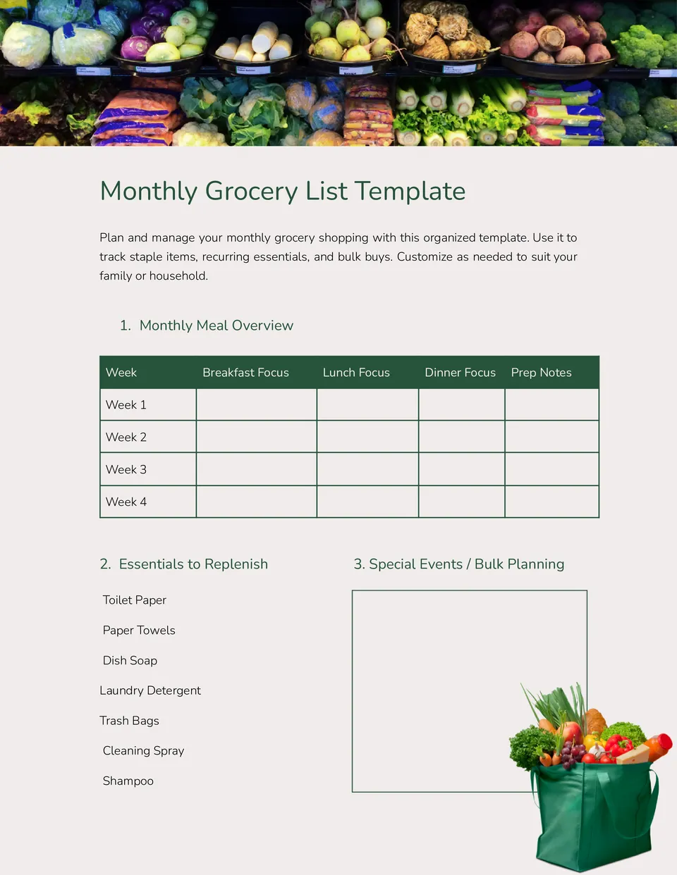 Monthly Grocery List Template